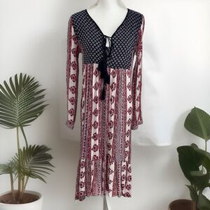 En Creme Anthropologie Boho Dress Peasant Red Blue Floral Long Sleeve Size M